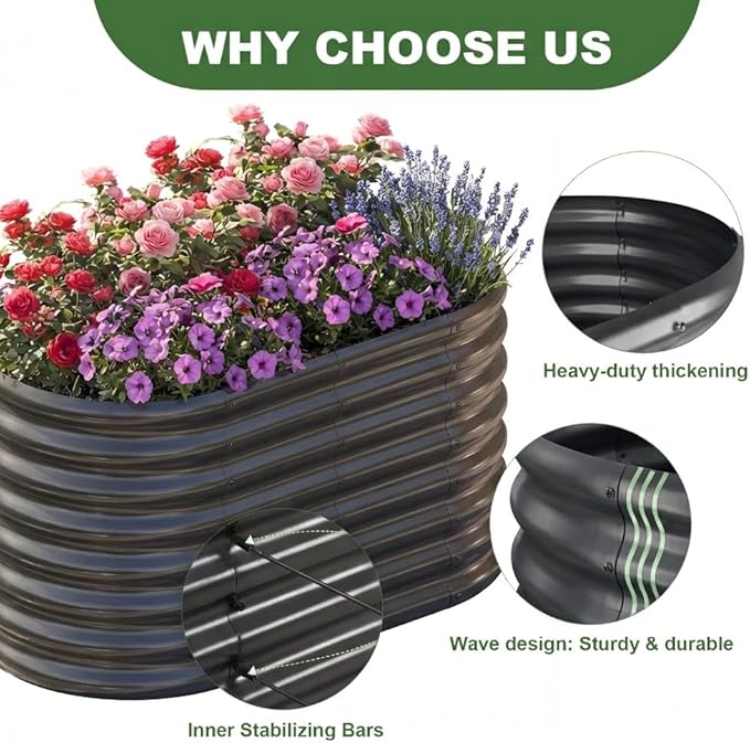 AHEONLAR 2 Pack 4×2×2ft Galvanized Raised Garden Beds Outdoor, Oval Sturdy and Durable Planter Boxes for Vegetables, Fruits, Flowers and Plants, Easy Assembly, Grey