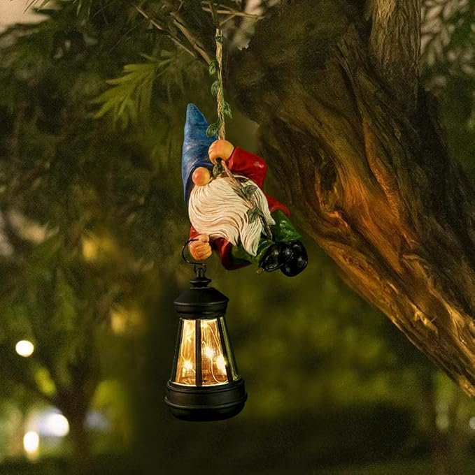 Solar Hanging Gnome Garden Statues Climbing Rope Gnome with LED Lantern Spring Outdoor Decor Tree Hugger Yard Porch Wall Fence Decoration Christmas Easter Birthday Gift for Mom Women