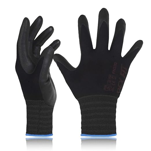 DEX FIT Nitrile Work Gloves FN330, 1 Pair, 3D-Comfort Stretchy Fit, Firm Grip, Thin & Lightweight, Touch-Screen Compatible, Durable, Breathable & Cool, Machine Washable; Black XS (6)