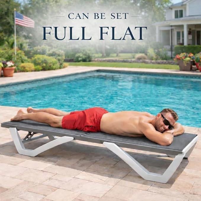 Kozyard Outdoor Chaise Lounge Chair, Full Flat Adjustable Patio Lounger with Aluminum Frame & Resin Legs, Textilene Fabric for Poolside, Backyard & Beach (Gray)