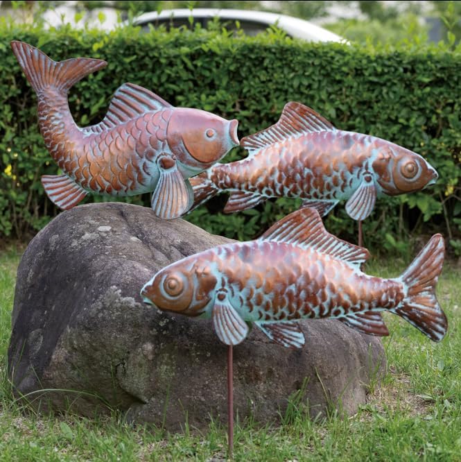 Metal Koi Fish Statues Garden Decor Antique Copper Koi Outdoor Sculptures & Statues for Patio,Backyard,Pond,Home Decoration,Metal Fish Stakes for Outside,Gardening Gift for Mom Grandma,Set of 3