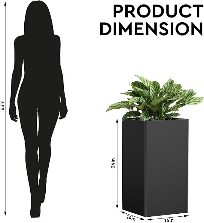 Gabviem 24" Tall Planter for Outdoor Plants, Modern Large Outdoor Galvanized Steel Flower Pots, Front Porch Decor, Garden Pots, Black Planters for Indoor/Outdoor, Patio, Balcony