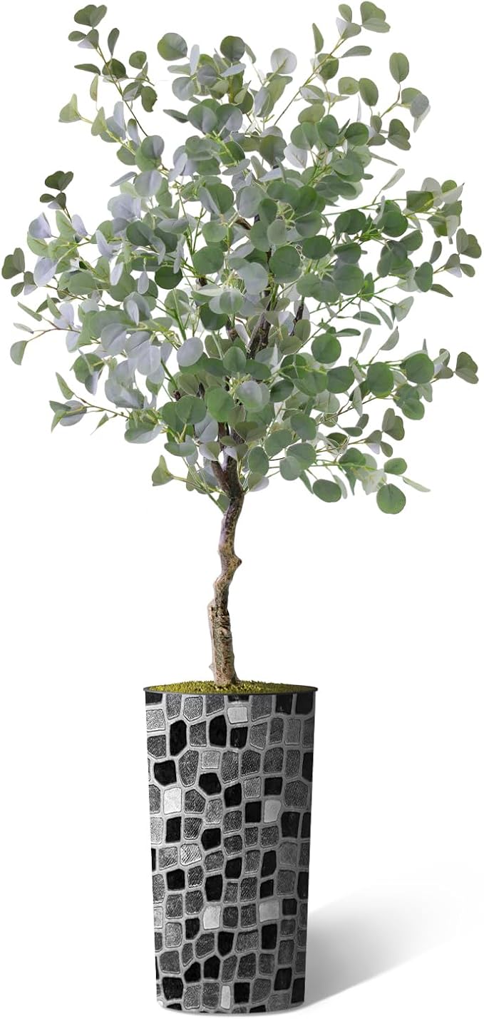 Artificial Tree in Modern Geometric Pattern Planter, Fake Eucalyptus Silk Tree for Indoor and Outdoor Home Decoration - 66" Overall Tall (Plant Pot Plus Tree)