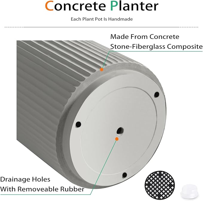 Heyzier Round Concrete Planter Outdoor Indoor, Large Cement Plant Pots for Flowers (Vertical Gray, 16 inch)