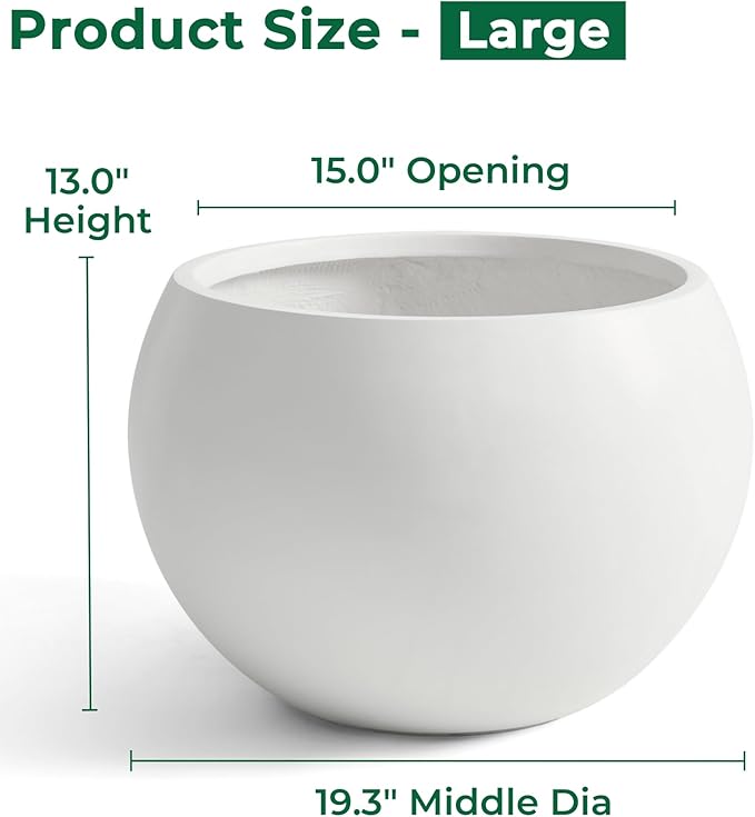 FloraFairy Fiberstone Sphere Planter, 19.3" Dia x 13" H Large Flower Pot with Drainage Hole and Silicone Plug, Round Plant Container for Indoor or Outdoor, 15" Opening, Large White