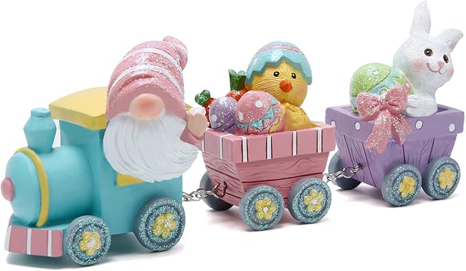Hodao 8.75" Easter Gnomes Train Decorations, Spring Bunny Handmade Train Figurines for Easter Party Table Top Figurines (Multicolor)