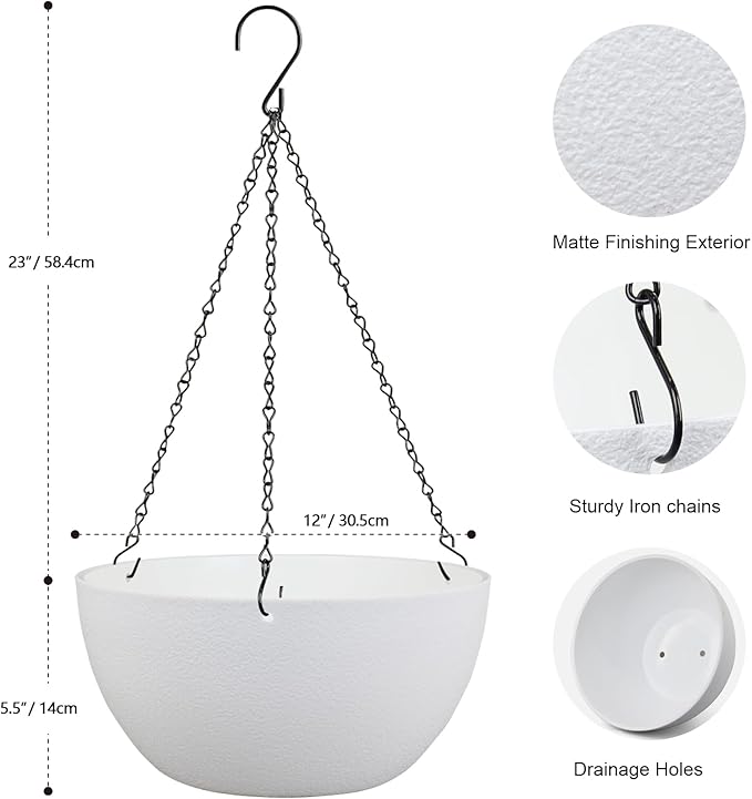 Meowell 12 inch Large Hanging Planters for Indoor Outdoor Plants, 2 Pack Hanging Flower Pots with Drainage Holes and Chain for Garden Porch, Plastic Hanging Baskets for House Plants, White