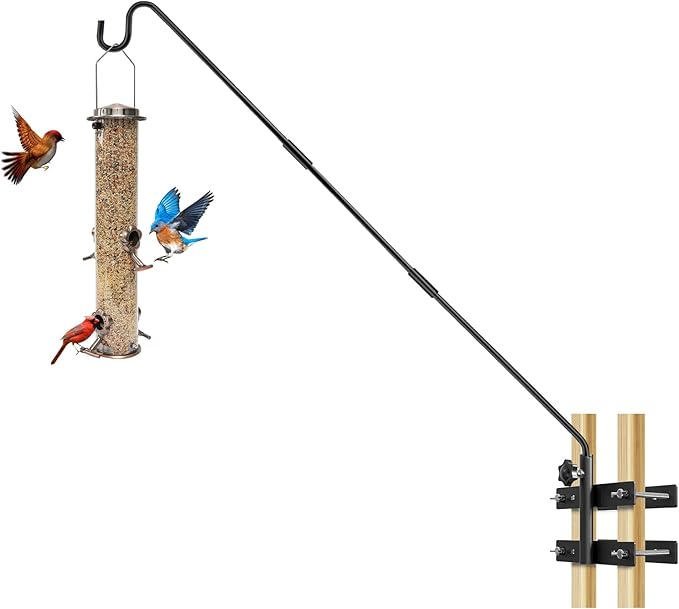 IVOODi Heavy Duty Deck Hook-Deck Railing Plant Hanger, 29 to 43 Inch Extended Bird Feeder Hanger W/Double Clamps,Versatile Deck Shepherd Hook for Hanging Bird Feeders,Lanterns,Planters etc.