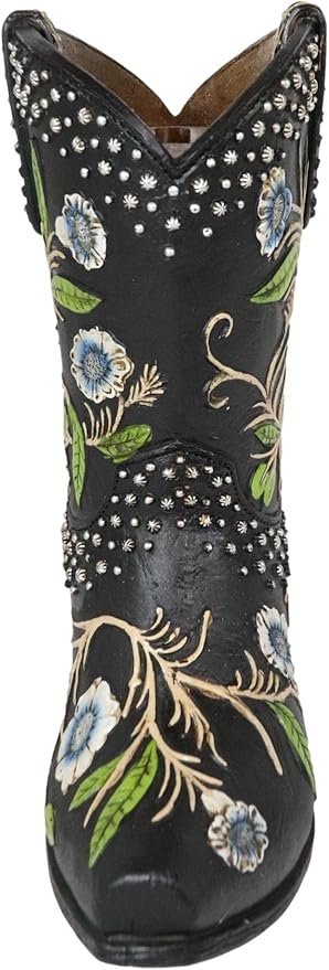 Ebros Gift Rustic Western Country Silver Studs with Midnight Floral Vine Blossoms Black Faux Tooled Leather Cowgirl Cowboy Boot Decorative Flower Bouquet Vase Or Planter Figurine 7" High
