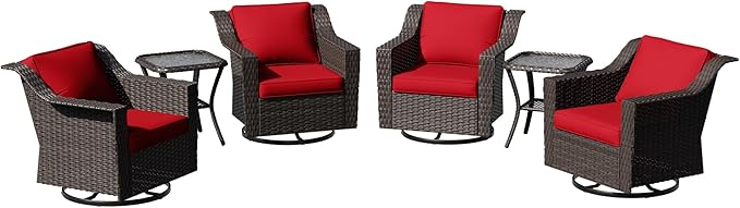 6 Pieces Patio Conversation Furniture Set - 4 Swivel Chairs, 2 Side Tables, Outdoor Wicker Furniture with Removable Cushions for Porch, Sunroom (Red)