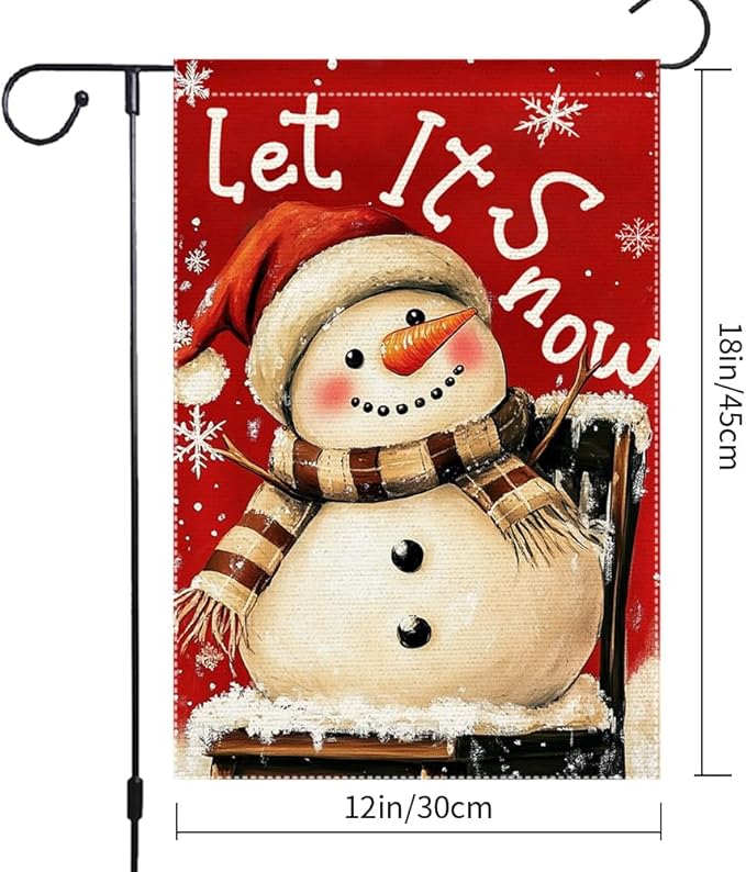 Christmas Snowman Garden Flag 12x18 Inch Double Sided Burlap Holiday Yard Decoration Santa Hat and Scarf Snowflake Design Outdoor Welcome Banner