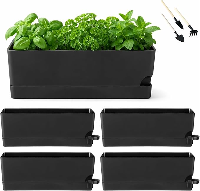 Party Zealot Self Watering Pots for Indoor Plants, 5 Pack Window Boxes Planters 17 Inch Rectangular Planter Rectangle Flower Pots Long Plant Pot Large Window Sill Herb Planter Box, Black