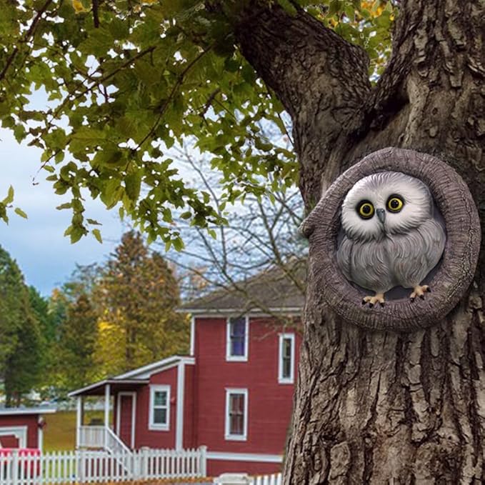 Baby Owl Resin Tree Faces, Whimsical Holiday Decorations Outdoor Owl Hugger Sculpture, Garden Ornament for Yard Lawn Patio Porch, Tree Decor Unique Garden Gift, Durable Waterproof Resin Statue