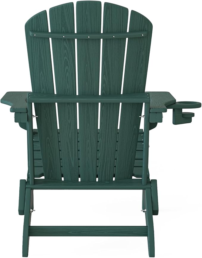 Plawdlik Folding Adirondack Chair Set of 6 with Cup Holder，Wooden Textured ，Heavy All-Weather HDPE Comfortable Set Poolside Backyard Lawn, Green