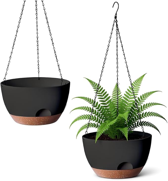 LESOASIS Hanging Planter for Indoor Plants, 10 Inch Self-Watering Hanging Planters with Drainage Holes and Chain, Set of 2 Outdoor Hanging Pots for Garden Home