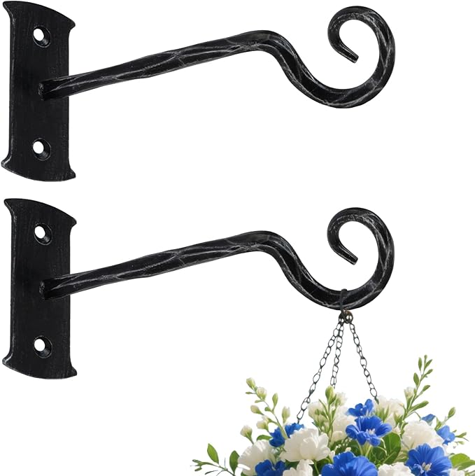 BEGINS Plant Hangers Outdoor Wrought Iron Metal Hanger Hook 2 Pack 8 inch Wall Bracket Hooks for Flower Pots, Wind Chimes, Solar Lanterns, Garden Decor