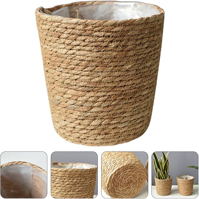 Vintage Decor Seagrass Planter Hand Woven Straw Flower Pot Farmhouse Plant Basket with Plastic Liners Rustic Plant Containers Succulent Pot for Indoor Outdoor Room Decor Home Decor