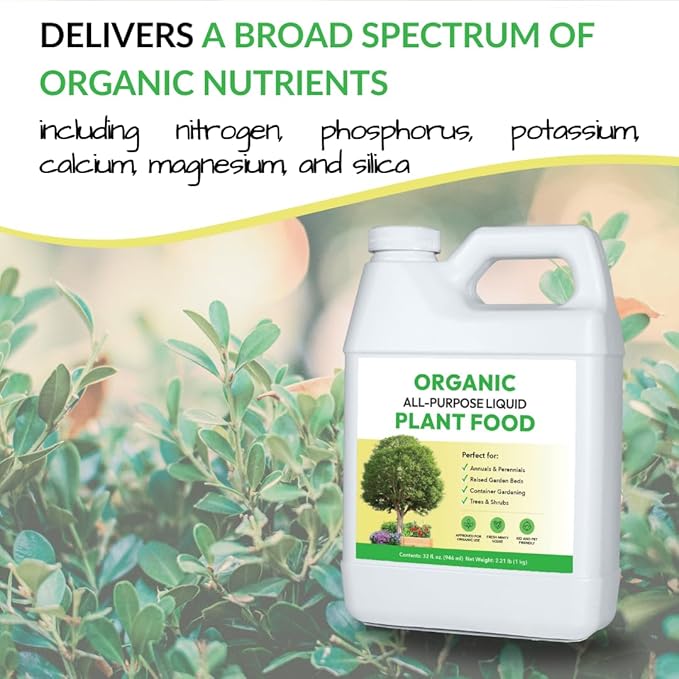 Organic All-Purpose Liquid Plant Food - Use on All Outdoor Plants: Flower Beds, Vegetable Gardens, Container Gardening | Concentrated Liquid Fertilizer Alternative (32oz, Mixes to 32 Gallons)