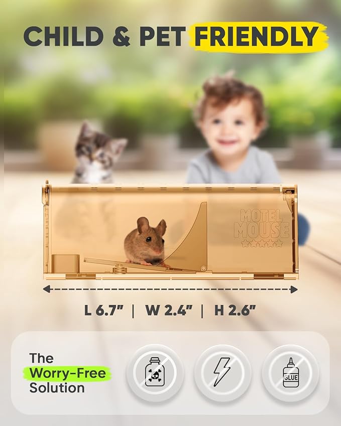 Motel Mouse Humane Mouse Traps No Kill Live Catch and Release 2 Pack - Reusable, Easy to Use & Clean, No Touch Release, Sensitive Includes Cleaning Brush, Instruction Manual & Video - Mousetrap Indoor
