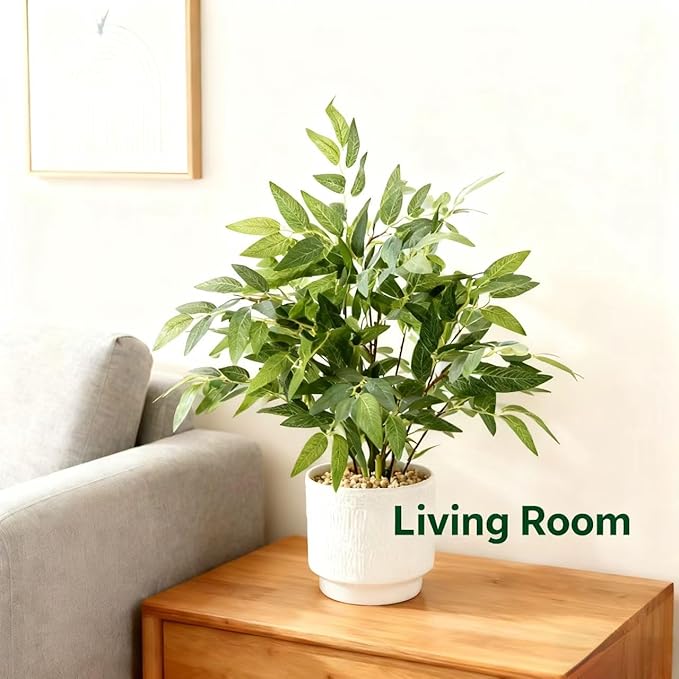 Ewtogift 17.7" Fake Willow Plant in White Textured Ceramic Planter Tall Artificial Greenery Faux Plant with Lifelike Leaves Elegant Indoor Plant Decor for Living Room, Office, or Bathroom
