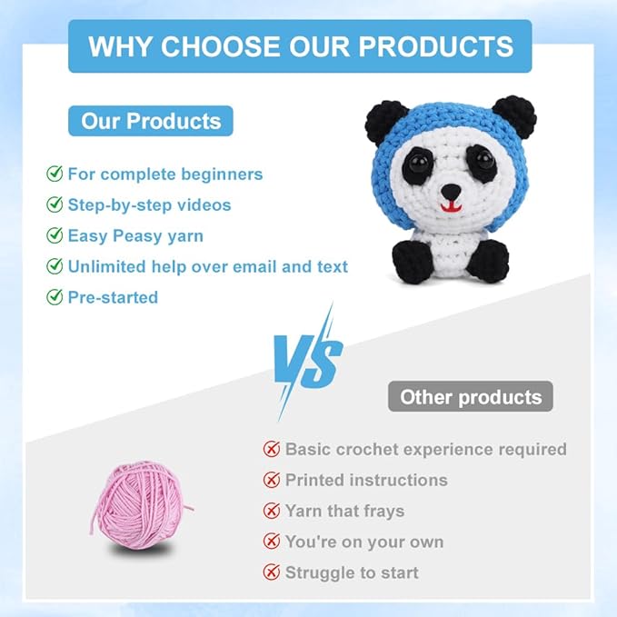 Panda Amigurumi Crochet Kit for Beginners - Classic Black & White Animal DIY Starter Pack with Detailed Video Tutorials | Premium Tube Yarn & Pre-Started Loop | Cute Handmade Gift for All Ages