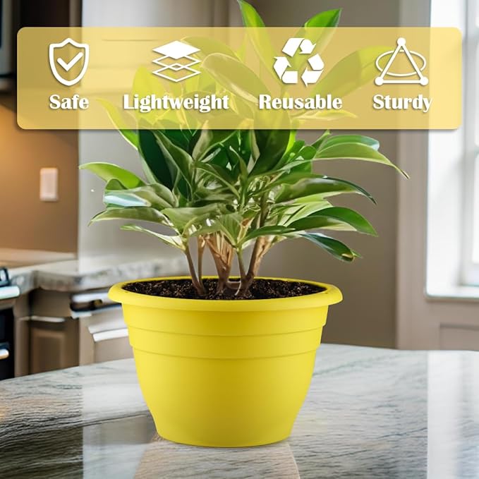 RooTrimmer 3 Pack 11 Inch Plant Pots with Drainage Hole and Plug, Durable Plastic Flower Pots for Indoor & Outdoor Plants, Elegant Mordern Plant Pots Perfect for Herbs, Flowers & Succulents, Yellow