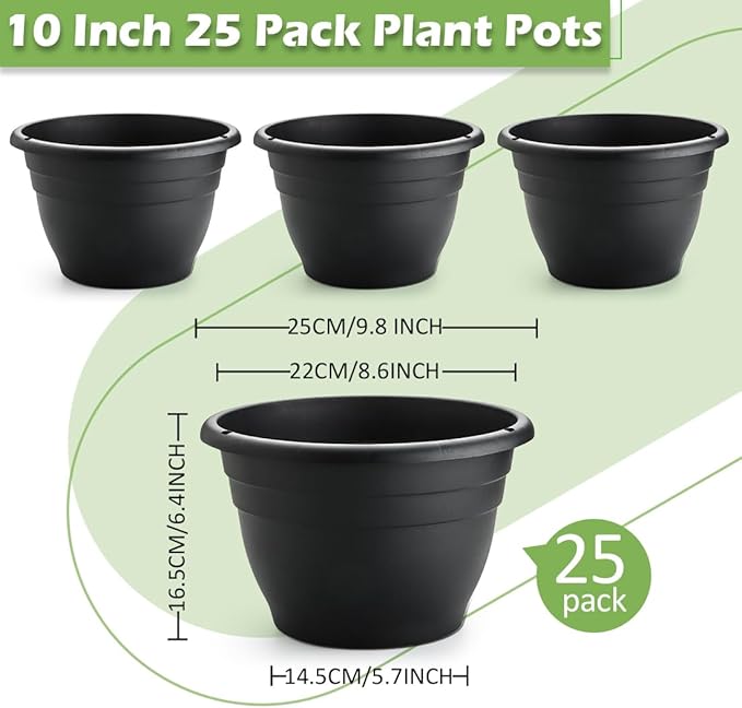 RooTrimmer 25 Pack 10 Inch Plant Pots with Drainage Holes,Black Plastic Flower Pots for Indoor & Outdoor Plants,Durable Lightweight Planters for Flowers,Herbs & Gardening