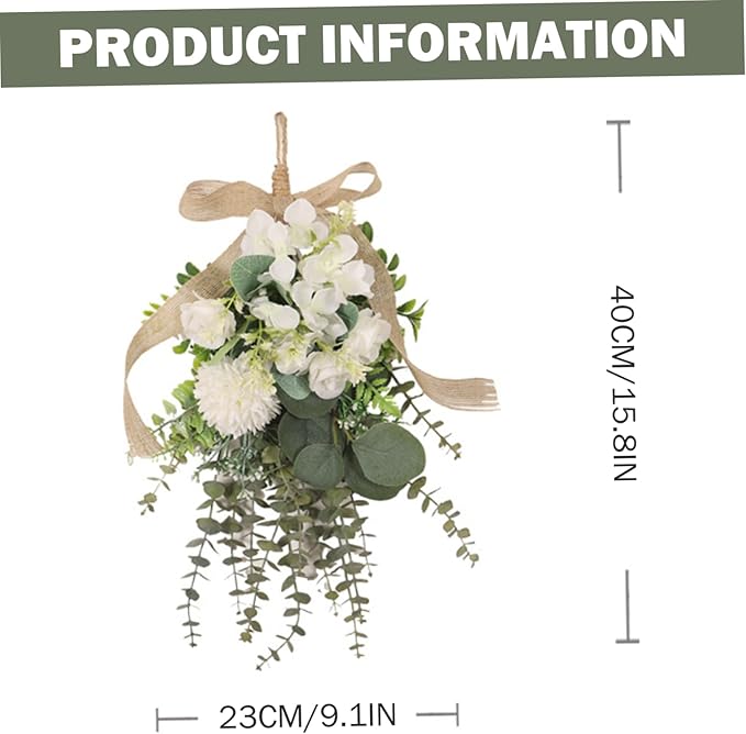 Teardrop Wreath, Large Floral Swag - Artificial White Eucalyptus and Chrysanthemum Hanging Bouquet for Front Door, Wall, and Wedding Decor
