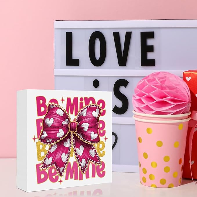 Valentines Day Decorations, Valentines Day Gifts for Her Him, Gift for Boyfriend Girlfriend, Pink Glitter Heart Bow Anniversary Wooden Box Sign Husband Wife Home Office Bedroom Desk Decor