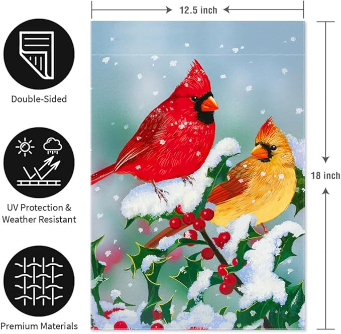 Winter Cardinal Garden Flag 12.5 x 18 Inch Double Sided Home Decor, Berry Snowflake House Outside Outdoor Cardinal Burlap Yard Flag Decoration
