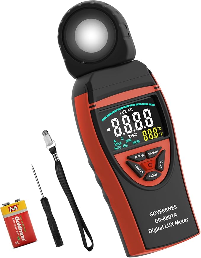 GOYERRNES Illuminance Light Meter, Digital Lux Foot Candles Meter 0.1~400,000 Lux (0.1~40,000 FC) with 270º Rotatable Detector, Lumen Meter Luxmeter for Indoor Outdoor(Multicolor Backlit)