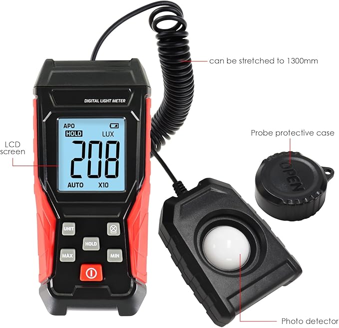 Light Meter Digital Lux Meter Handheld Illuminance Light Meter with 360 Degree Rotating Sensor, 4 Digit LCD Display 0~200,000 Measurement Range Luxmeter Tester for Plants, Headlights, Home & Office
