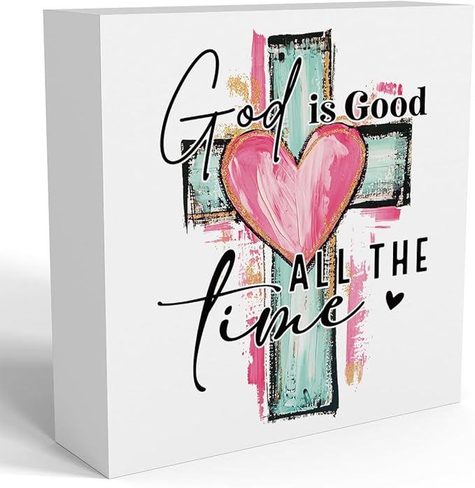 Valentines Day Decorations, Valentines Day Gifts for Her Him, Gift for Boyfriend Girlfriend, Romantic Watercolor Cross Anniversary Christian Wooden Box Sign Husband Wife Home Office Desk Decor