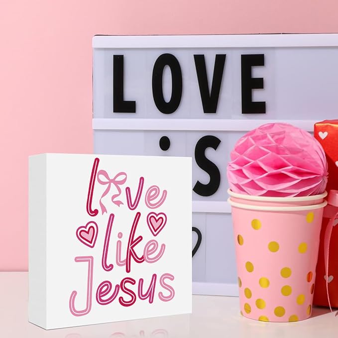 Valentines Day Decorations, Valentines Day Gifts for Her Him, Gift for Boyfriend Girlfriend, Pink Heart Bow Jesus Anniversary Wooden Box Sign Husband Wife Home Office Bedroom Desk Decor