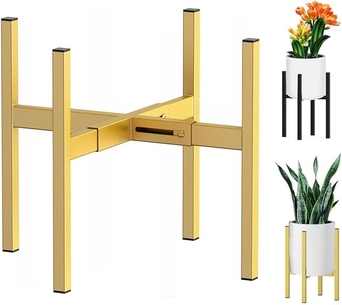 BSTMAI Metal Plant Stand, Adjustable Size Fits 10 12 13 14 15 16 Inches Large Planter Pot,Mid Century Expandable Plant Holder Indoor Outdoor Corner (HeavyGold, Fits all pots between 8" and 16")