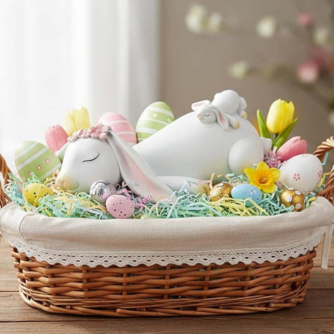 7-inch White Bunny Statue - Resin Mother & Child Rabbit Figurine with Big Heart, Easter Table Decor for Dining Room & Home, Vintage Family Ornament