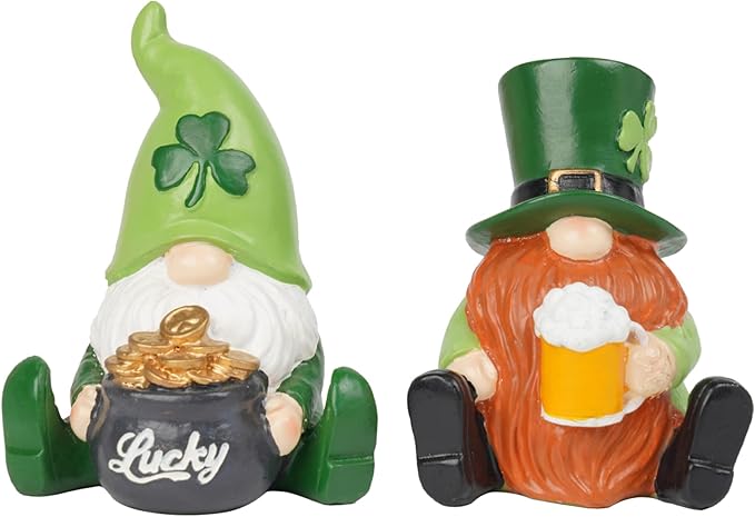 St Patrick's Day Gnome Decorations - 2PC Gnome Figurines with Lucky Shamrocks Beer Cups Pot of Gold Resin Faceless Dolls St. Patricks Day Farmhouse Décor for Home 2.75*2.25*4.75 in Newman House Studio