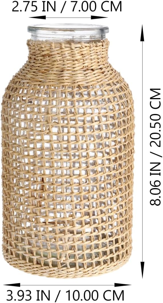 DOITOOL Wicker Vase, 8" Tall Glass Vase with Rattan Cover, Tall Rattan s for Flowers, Boho Floral Container Bottle for Floral Arrangements Housewarming Party Home Decor (L)