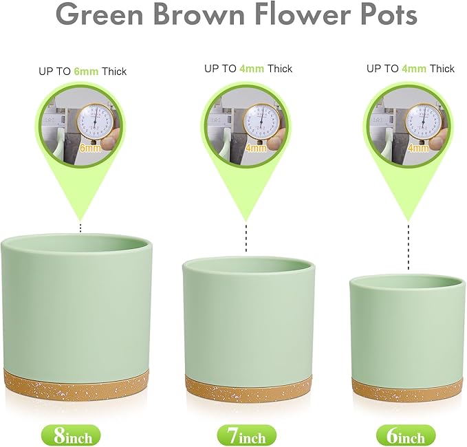 Meowell 8/7/6 inch Plant Pots, 3 Pack Cylinder Flower Pots for Outdoor Indoor Plants, Decorative Plastic Planters with Drainage Holes and Saucers for Garden House Plants, Green with Brown