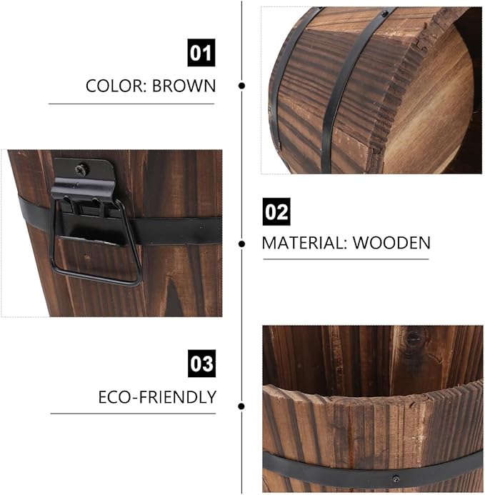 Wooden Barrel Flower Pot - Rustic Planter for Indoor & Outdoor Use with Drainage Holes - 7 Inch Brown Planter for Decorative Plants & Vegetables