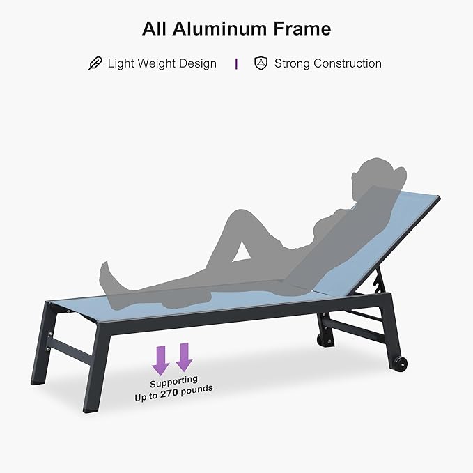 PURPLE LEAF Patio Chaise Lounge Set for 2 Outdoor Chaise Lounge Chair with Aluminum Frame and Wheels Pool Lounge Chairs for Deck Yard Poolside Table Included, Teal
