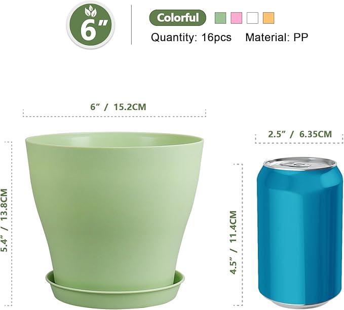Meowell 6 inch Plastic Nursery Pots, 16 Pack Plant Pots for Small Indoor Outdoor Plants, Flower Pots with Drainage Holes and Saucers, Decorative Seedling Starter Planters for House Plants, Colorful