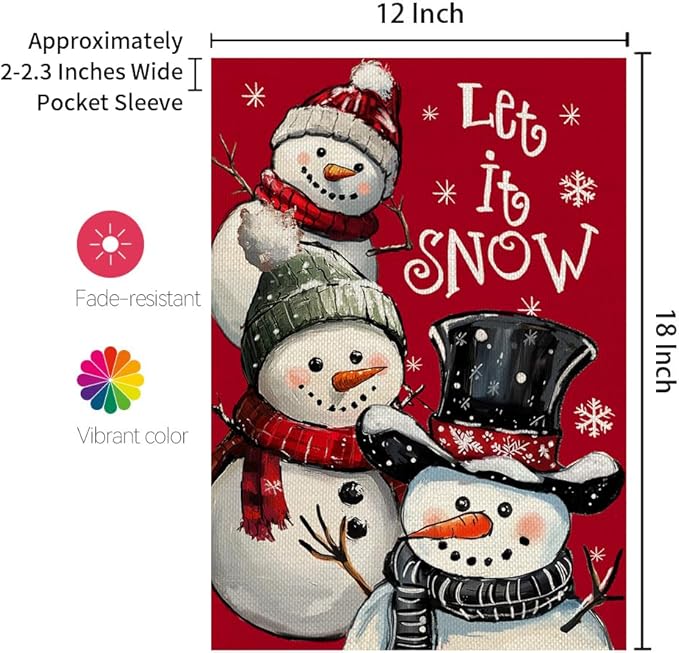 CROWNED BEAUTY Christmas Snowman Garden Flag 12x18 Inch Double Sided Red Xmas Let It Snow Decoration for Outside Yard CF1898-12