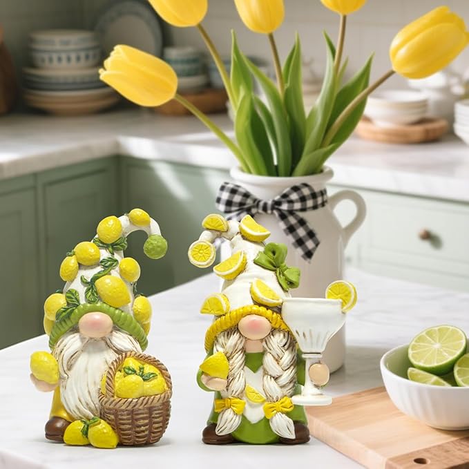 Hodao Lemon Gnome Set – with Lemon-Covered Hats, Basket & Goblet, 2PCS Hand-Painted, Cute Summer Kitchen & Shelf Decor, Indoor Home/Party Accents, Adorable Gift