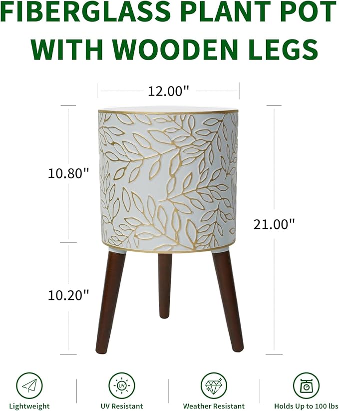Opnons 12inch Plant Pots with Wood Planter Holder Indoor Flower Pot with Gold Floral Embossed Modern Planters with Drainage Holes for Living Room, Office, Garden or Balcony