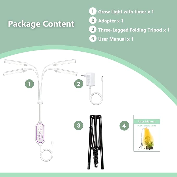 Secefeao Grow Lights for Indoor Plants Full Spectrum, LED Plant Light with Stand, Adjustable Height, Plant Grow Lights with Auto 4/8/12/H Timer for Indoor Tall Plants(Stand-4 Head)