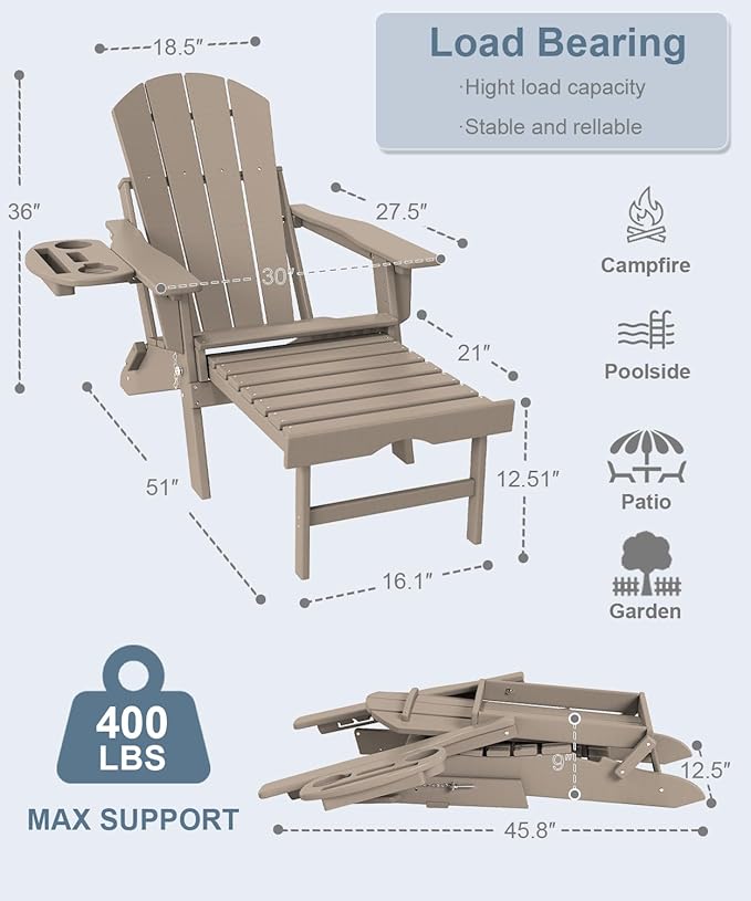 Adjustable Adirondack Chair with Retractable Ottoman Set of 8, HDPE Folding Adirondack Chair with Cup Holder, All Weather Fire Pit Chair for Outdoor.