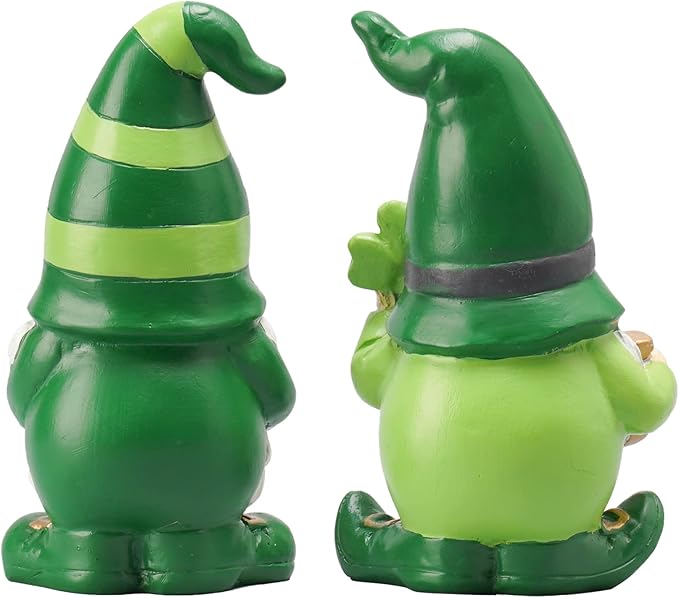 Newman House Studio St Patricks Day Decorations Gnome Décor - 2Pc Resin Gnome Figurines with Green Shamrock Horseshoe Modern Farmhouse Décor for Tabletop Home Décor