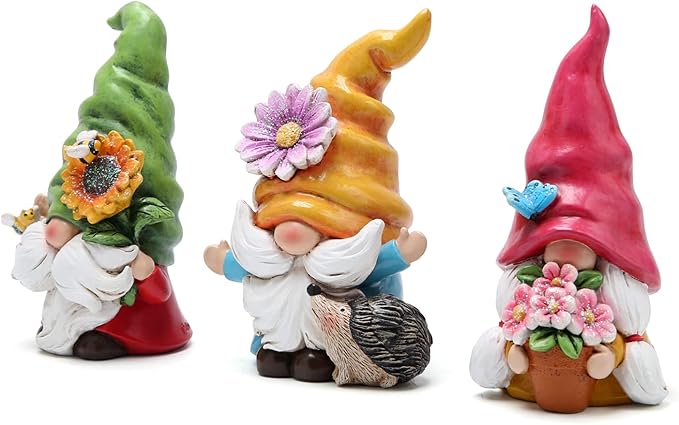 Hodao Set of 3 Spring Gnome Decorations Flower Gnomes Ornaments Decor Summer Outdoor Figurines Spring Elves for Porch, Garden Yard, Flower Bed Garden Gifts for Women, Mom