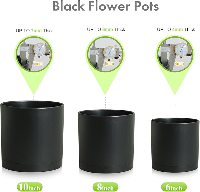 Meowell 10/8/6 inch Large Deep Plant Pots for Outdoor Indoor Plants, 3 Pack Tall Cylinder Flower Pots with Drainage Holes and Saucers, Big Plastic Planter Pots for Garden House Porch, Black